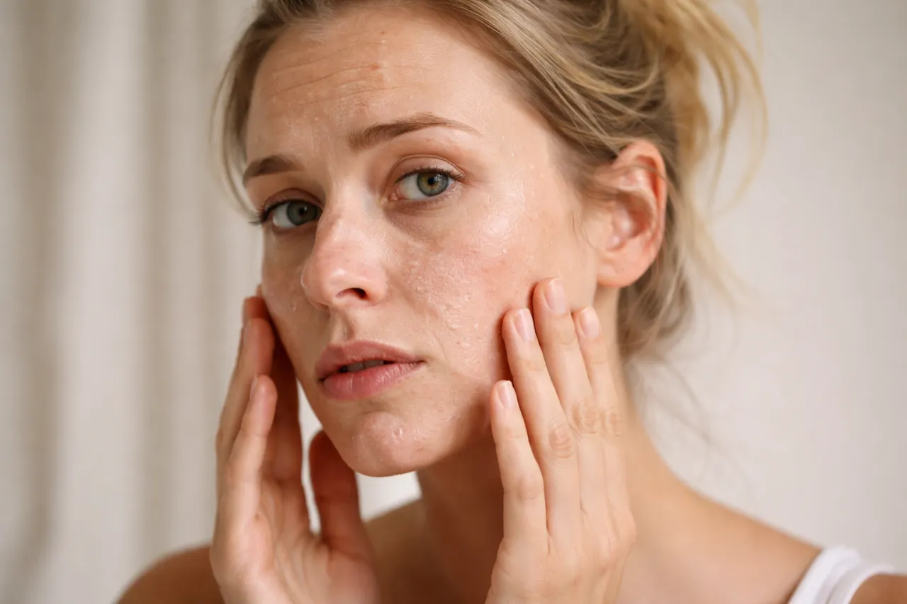 Frau tupft Gesicht sanft trocken, Frau cremt sich Gesicht nach dem Duschen ein, Hautpflege-Routine nach dem Duschen