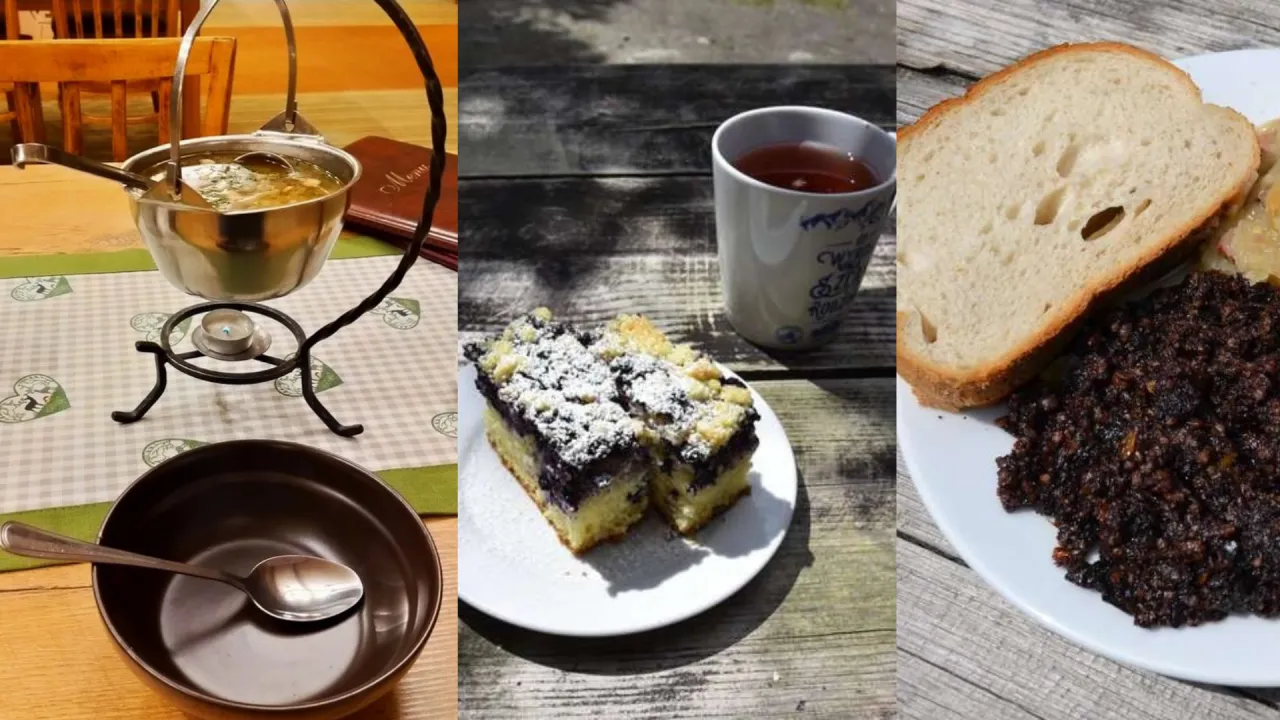 Pyszna gościna na wierchu: gorąca zupa, ciasto z jagodami i chleb z kaszanką.