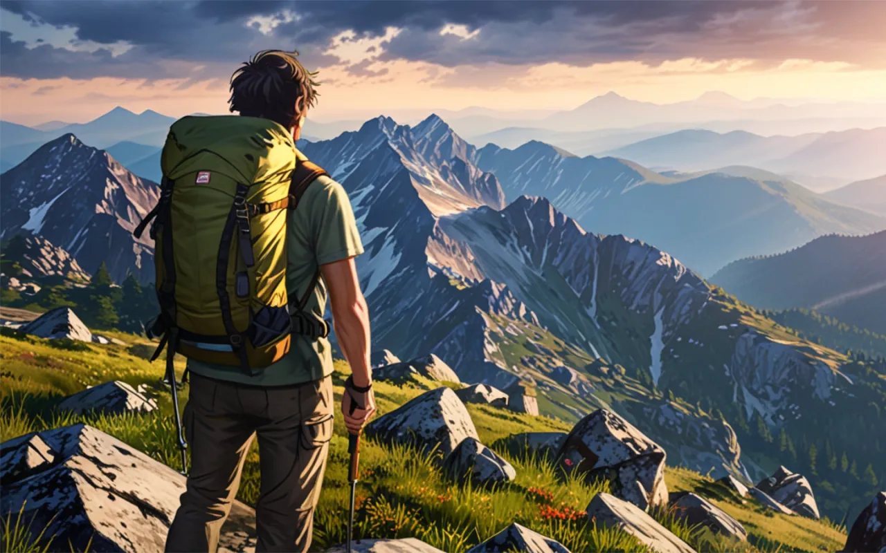 Mężczyzna z plecakiem podziwia g&oacute;rski krajobraz. Zastanawia się, co zabrać na szlak w g&oacute;ry, by cieszyć się widokiem i bezpieczeństwem.