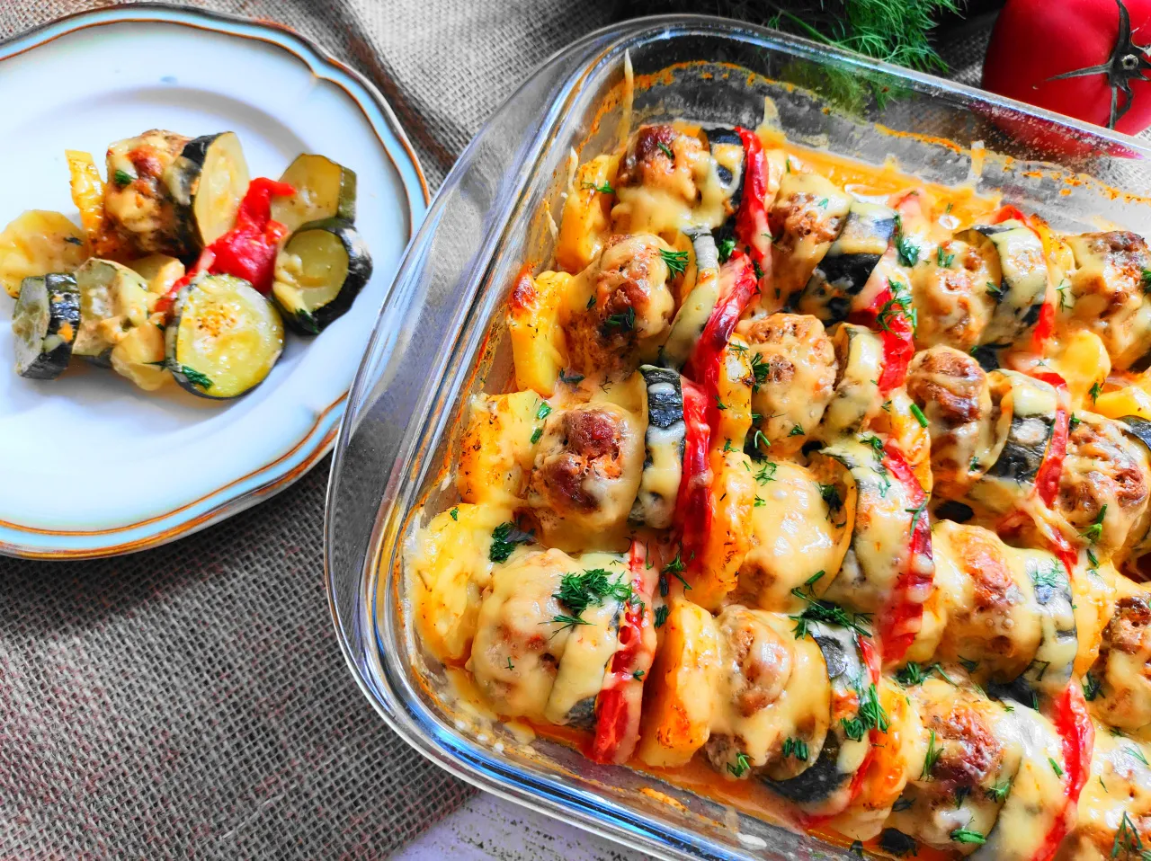 zapiekanka z cukinii z mięsem mielonym w naczyniu przed pieczeniem