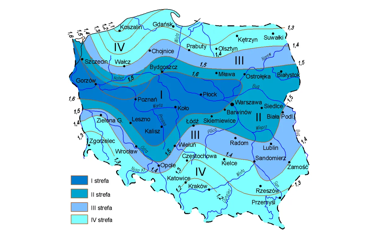 Mapa stref klimatycznych Polski z temperaturami projektowymi