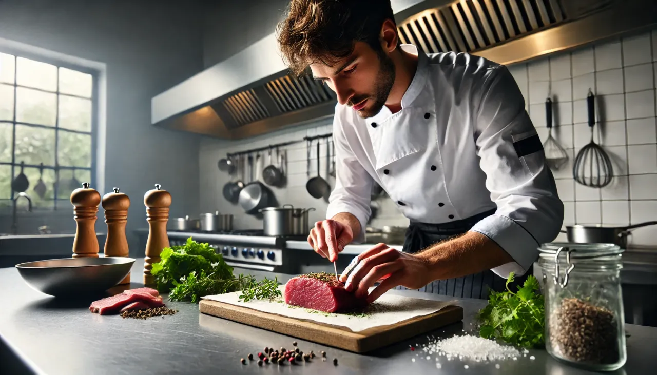 Szef kuchni przygotowuje cielęcinę, zastanawiając się, ile gotować, by była idealna.