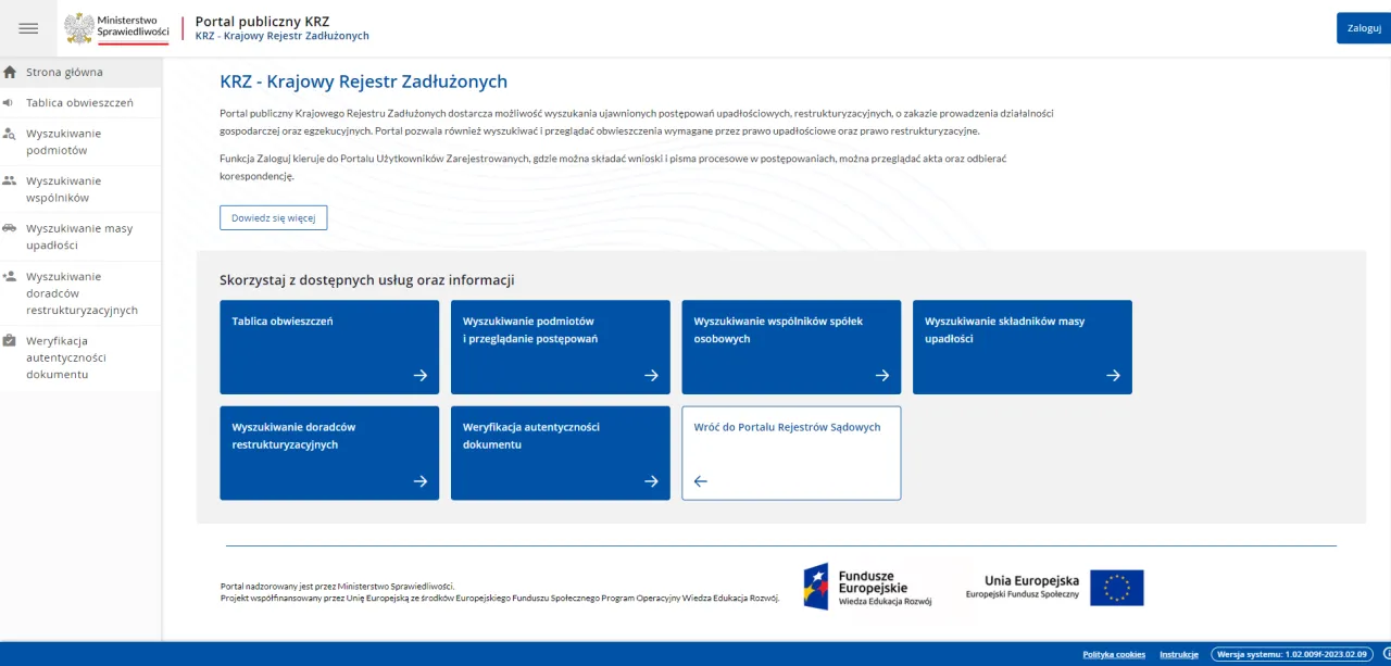 Strona KRZ - Krajowy Rejestr Zadłużonych. Dowiedz się, jak sprawdzić czy firma ogłosiła upadłość, wyszukując podmioty i przeglądając postępowania.