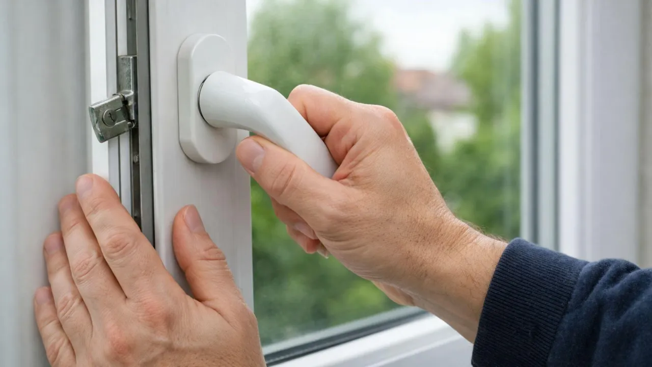 Dłoń przekręca klamkę, zamykając okno. Widoczny mechanizm blokujący i zielone drzewa za szybą.