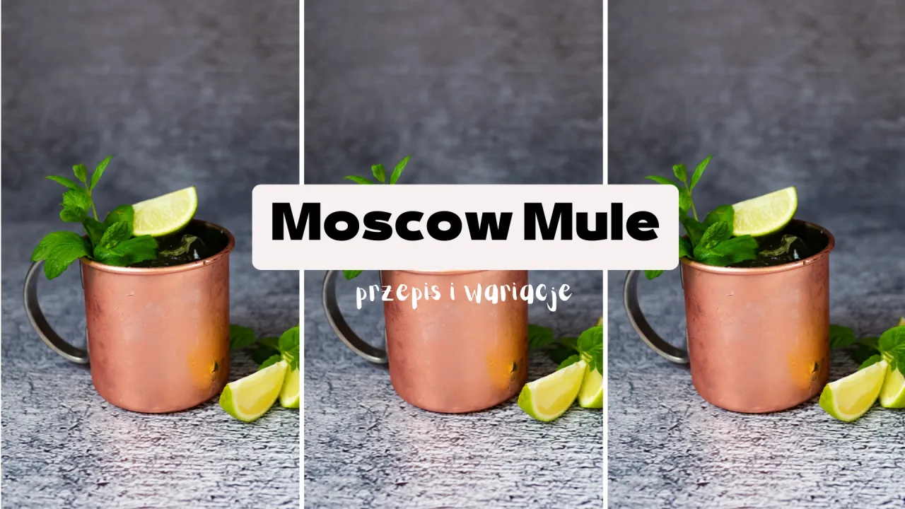 Trzy miedziane kubki z Moscow Mule, ozdobione miętą i limonką. Obok napis