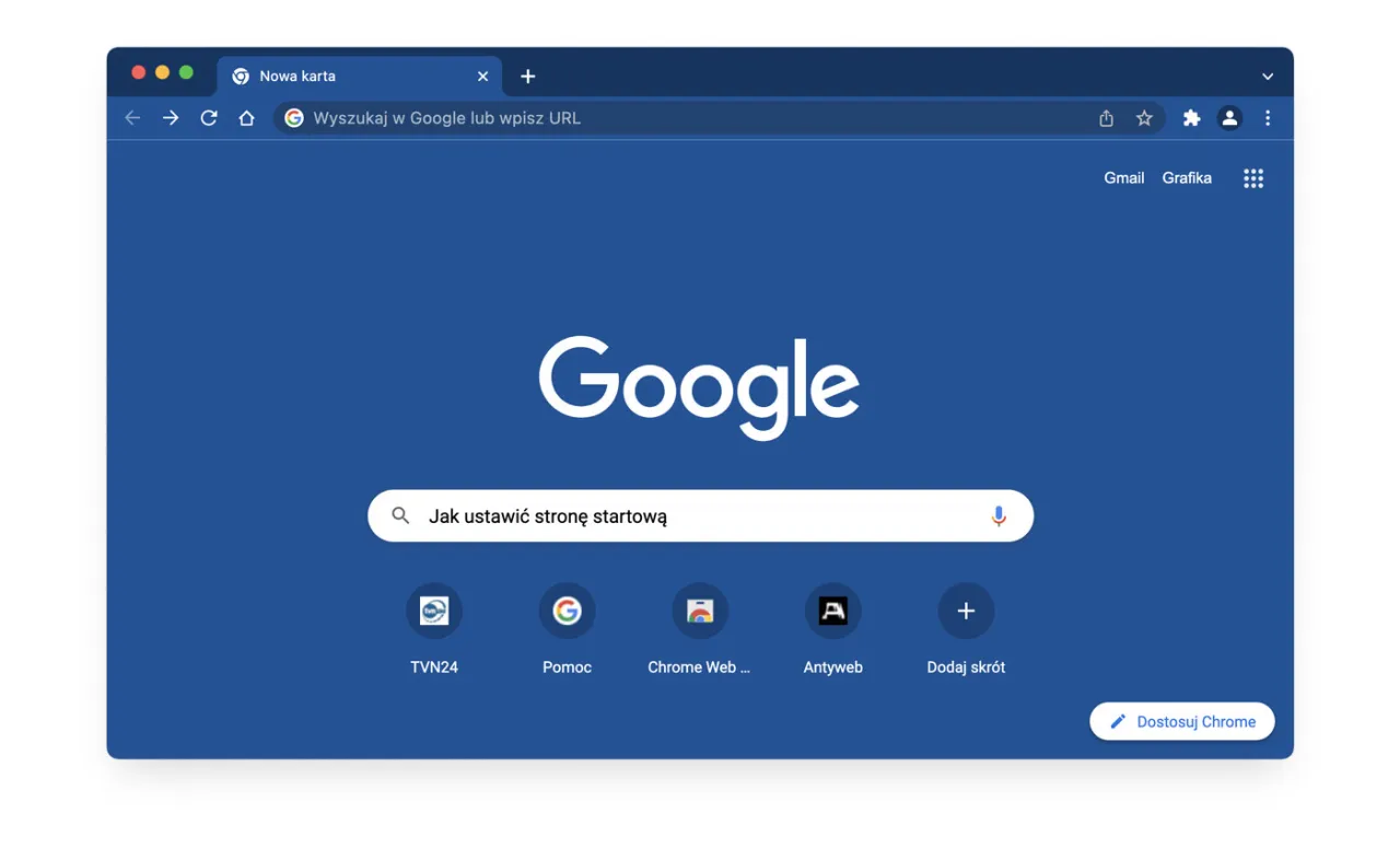 Szukasz informacji, jak zmienić przeglądarkę na Google? Na ekranie widzisz stronę startową Google Chrome z polem wyszukiwania.
