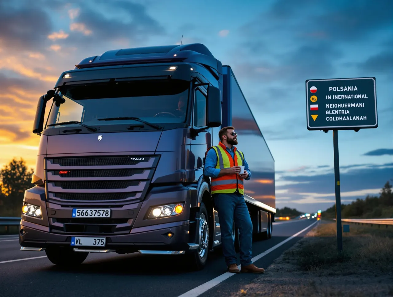 Kierowca tira z kawą przy drogowskazie 