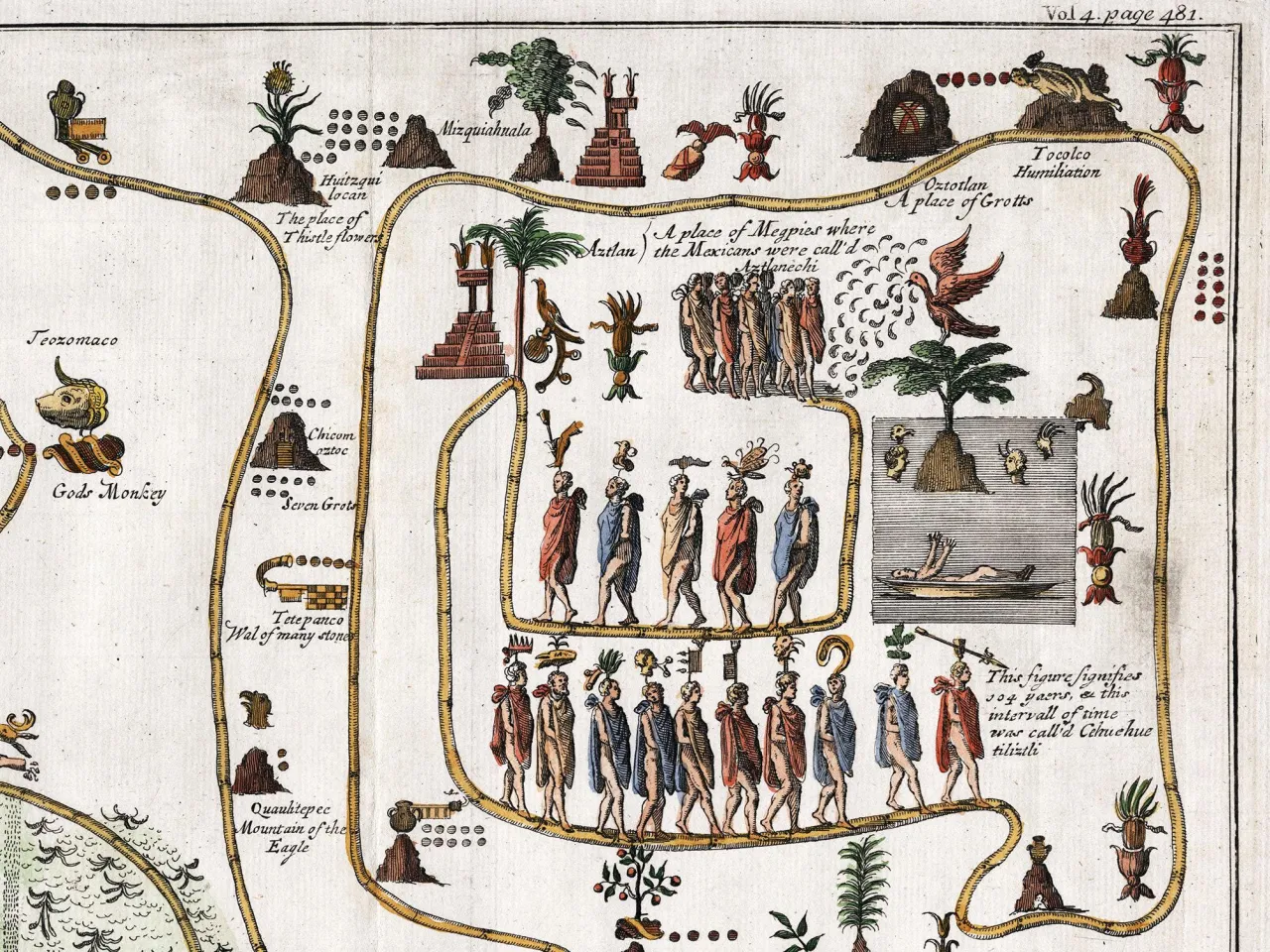 Mapa przedstawia wędrówkę Azteków, od Aztlanu, miejsca ich powstania, do miejsca, gdzie powstało imperium azteków.