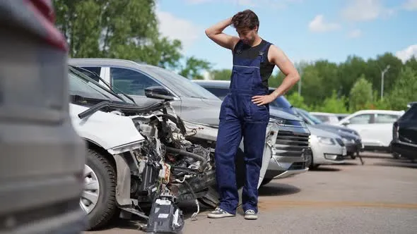 m&eacute;canicien perplexe devant un moteur de voiture ouvert