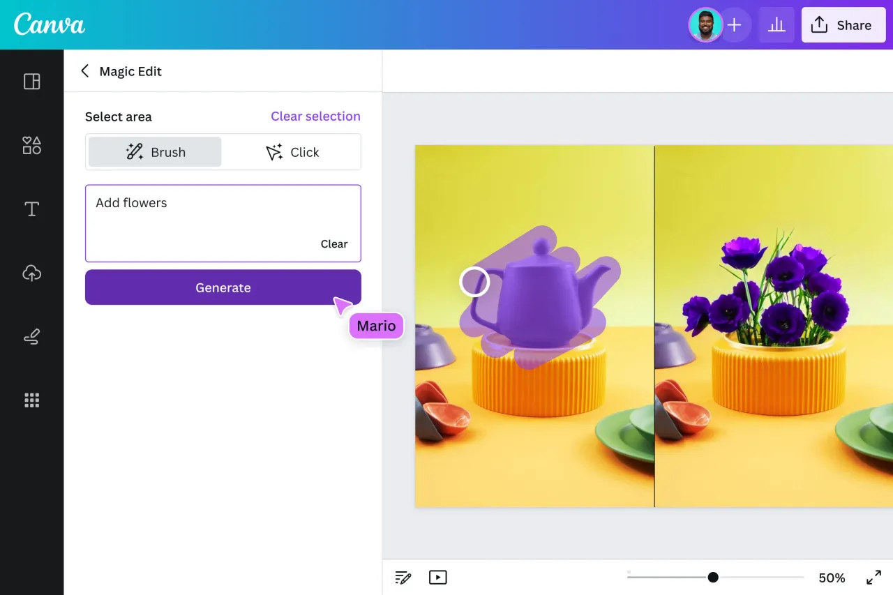 Aplikacja do wyostrzenia zdjęć, gdzie Mario dodaje kwiaty do wazonu za pomocą narzędzia 