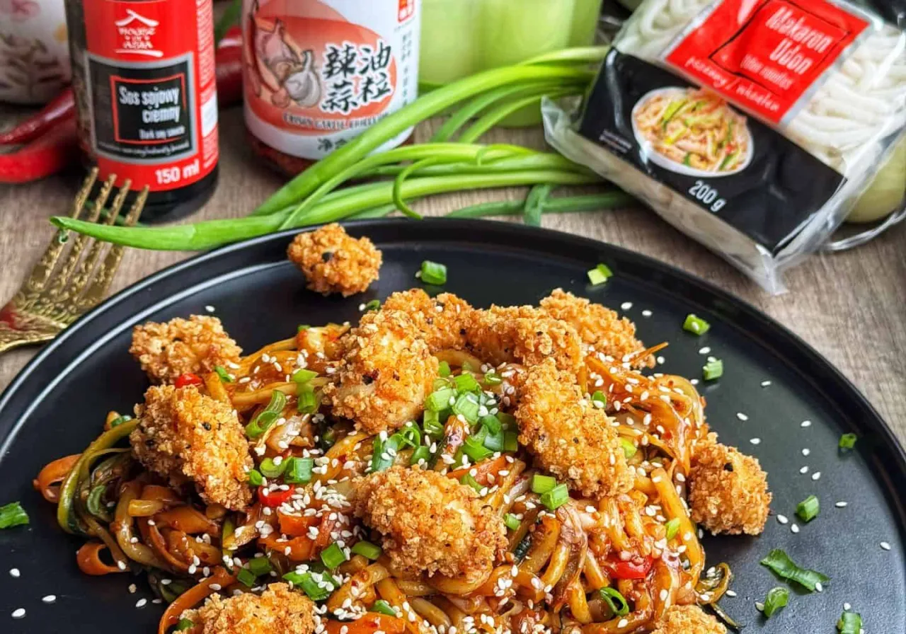 Pyszny makaron udon z kurczakiem w panierce, posypany sezamem i szczypiorkiem. Obok sosy i opakowanie makaronu.