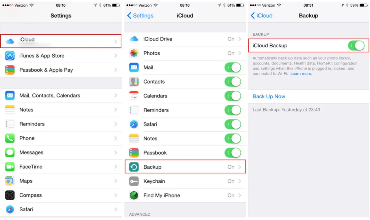 iPhone ustawienia iCloud backup