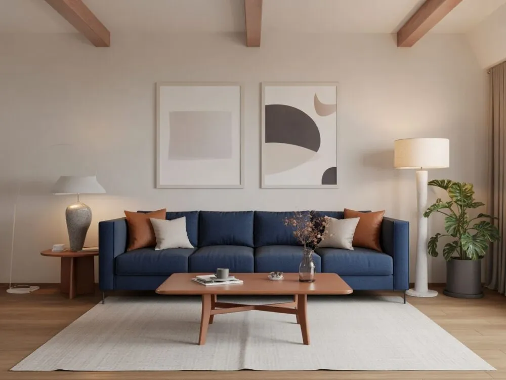 Granatowa kanapa z dywanem w geometryczne wzory, granatowa kanapa z dywanem shaggy, granatowa kanapa z dywanem z juty