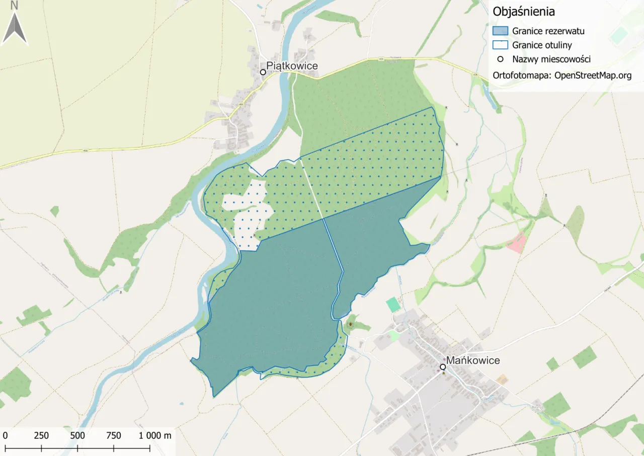 Mapa przedstawiająca granice rezerwatu przyrody i otuliny w okolicach Piątkowic i Mańkowic. Opolskie rezerwaty przyrody chronią cenne ekosystemy.
