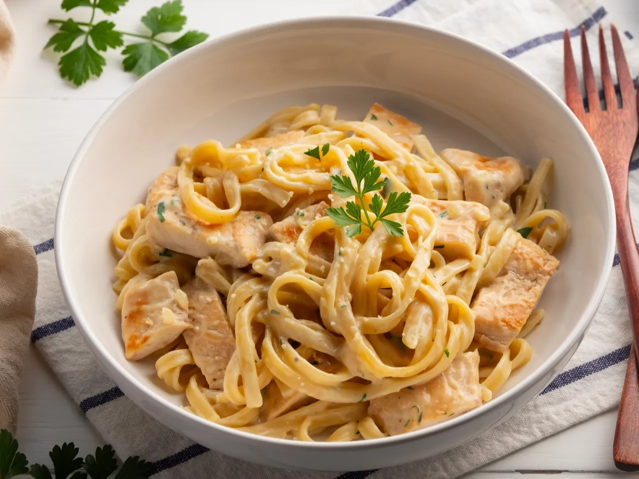 Pyszne Fettuccine Alfredo z kurczakiem, kremowy sos, idealny przepis na obiad.