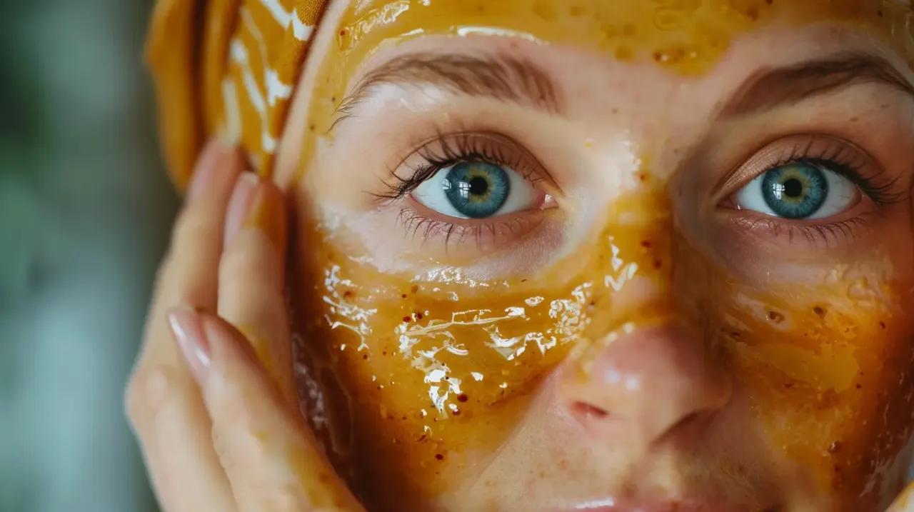 Oczy kobiety z niebieską tęczówką i maseczką na twarzy. Dowiedz się, jak stosować olejek arganowy na twarz dla promiennej cery.