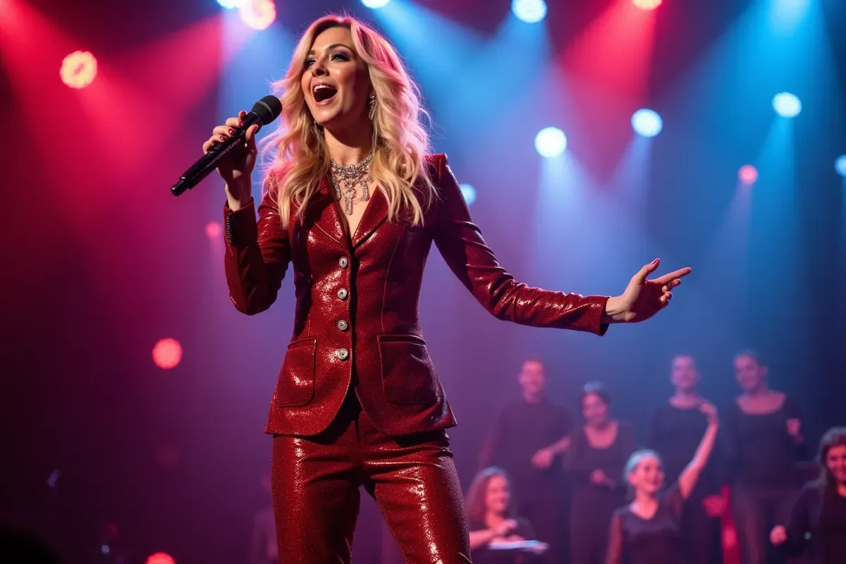 Kto śpiewa w Jaka to melodia? Wokalistka w błyszczącym czerwonym garniturze na scenie, z ch&oacute;rem w tle.