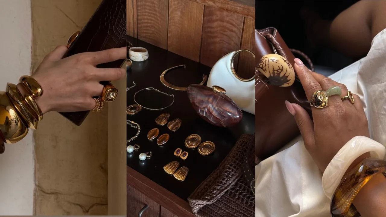 Kolekcja biżuterii inspirowana naturą, dzieło polskich projektant&oacute;w biżuterii. Złote bransolety, pierścionki z kamieniami, naszyjniki i kolczyki.