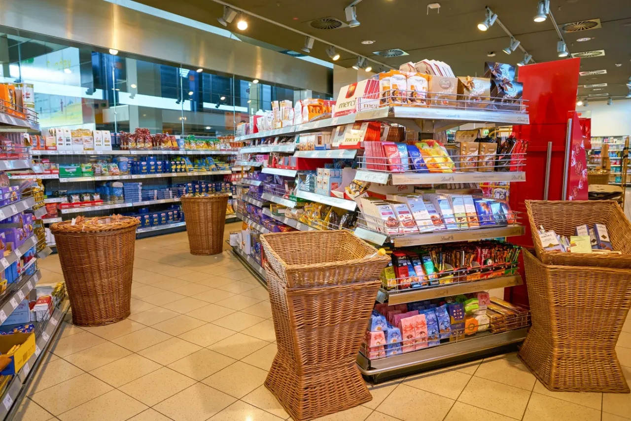 niemiecki supermarket wnętrze, koszyk zakupowy niemieckie produkty