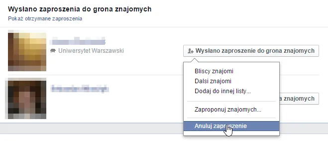 Anulowanie zaproszenia do znajomych Facebook krok po kroku