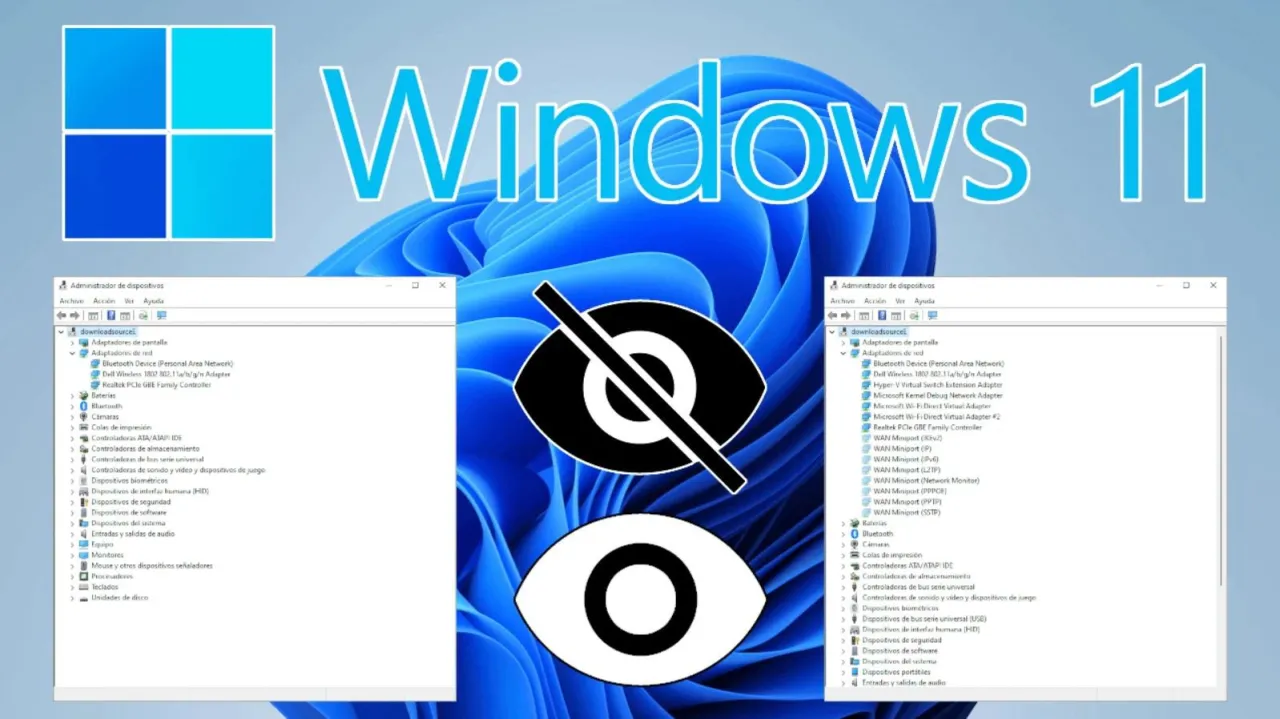 Windows 11 z widocznym menedżerem urządzeń. Ikony oczu sugerują zarządzanie widocznością lub dostępnością sprzętu.