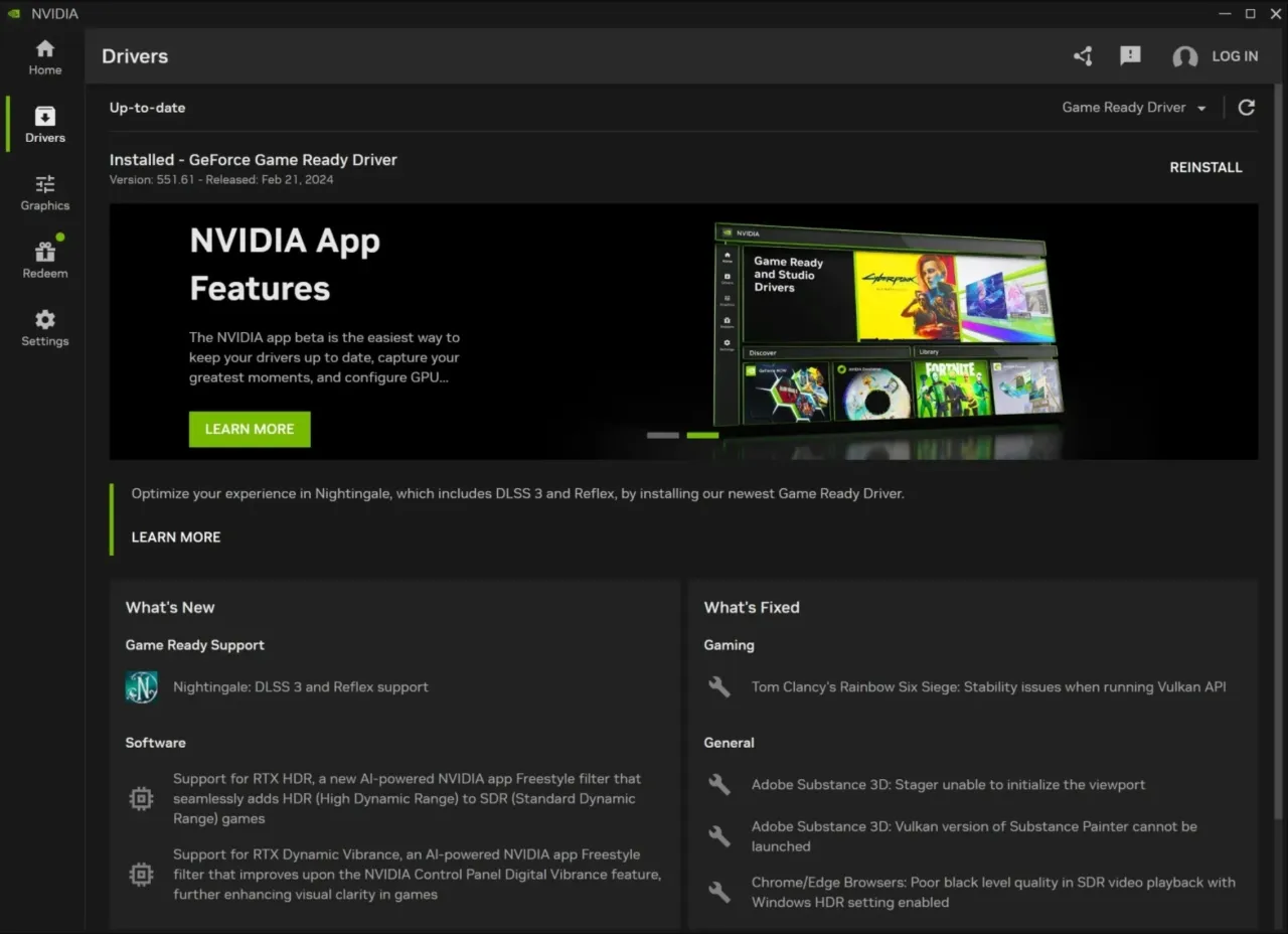 NVIDIA App interface update drivers