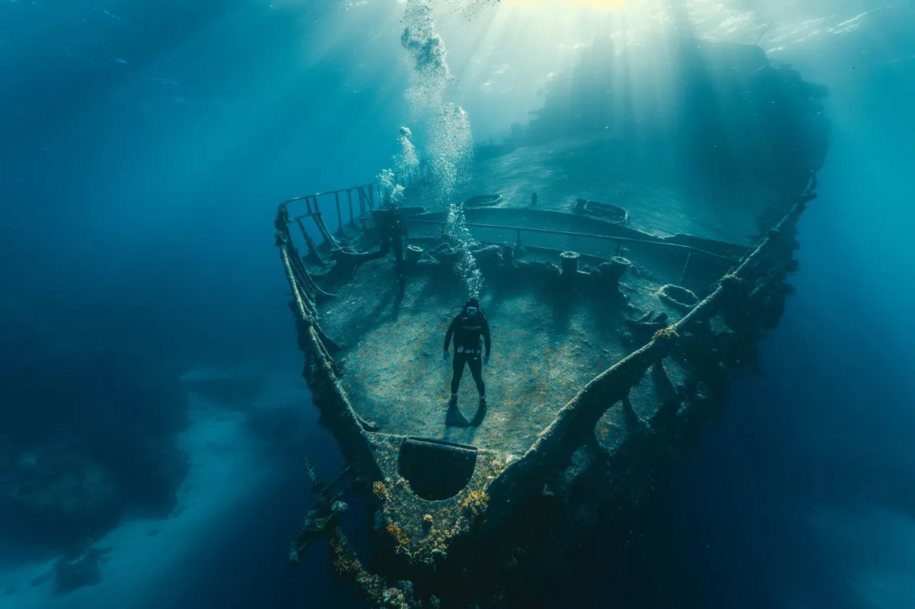 Nurkowie eksplorujący wrak na Bałtyku