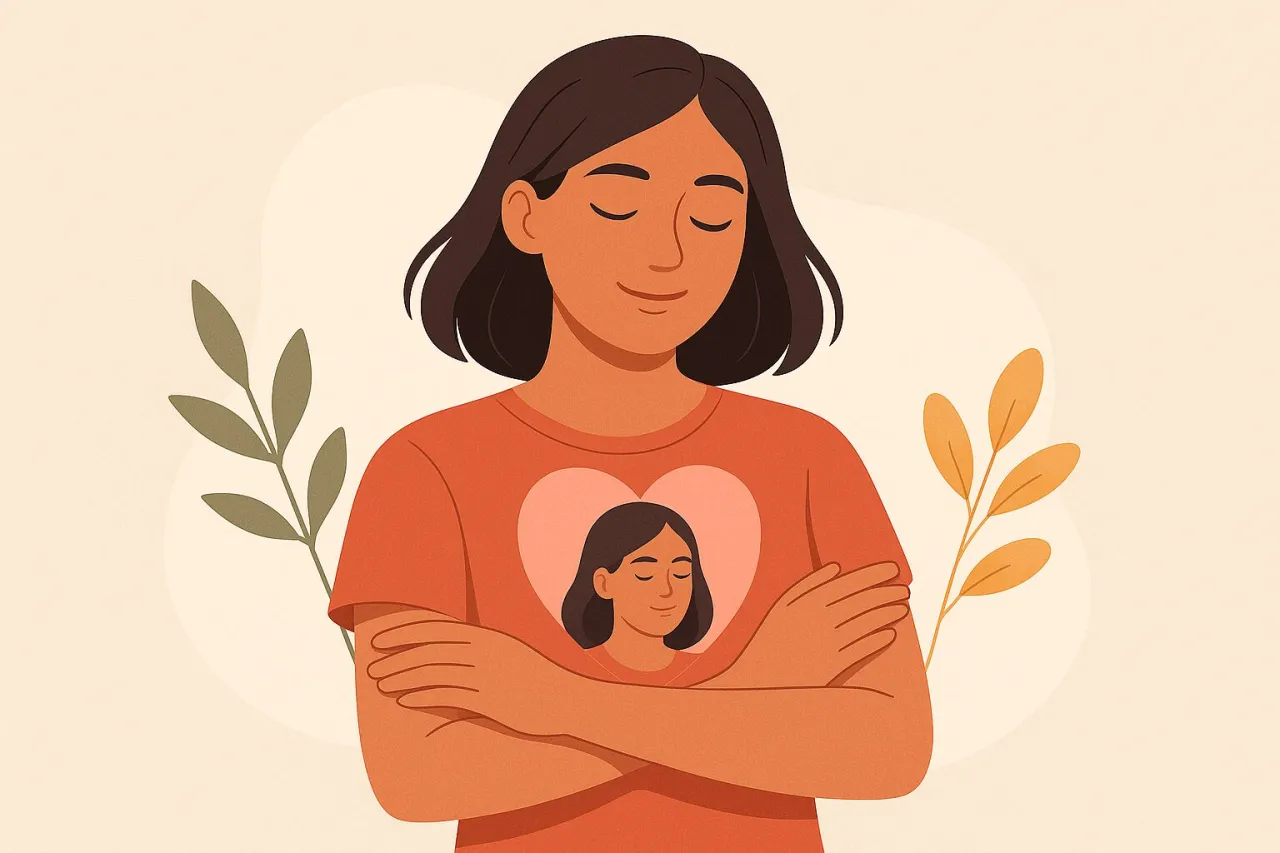 Kobieta obejmuje się ramionami, na koszulce serce z jej podobizną. To symbol akceptacji siebie, pokonania kompleks&oacute;w.