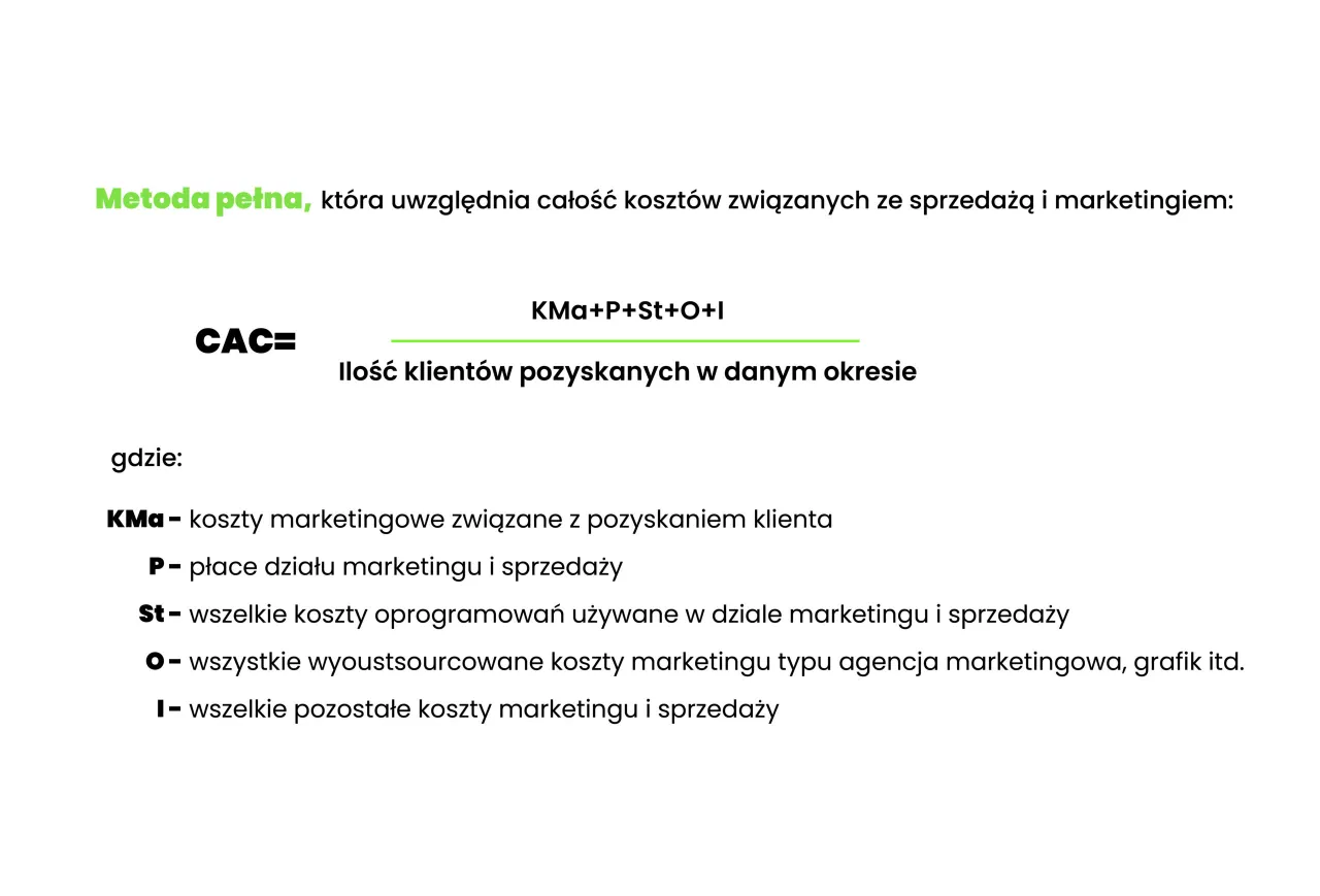 Wz&oacute;r na CAC: suma koszt&oacute;w marketingowych i sprzedażowych podzielona przez liczbę pozyskanych klient&oacute;w.