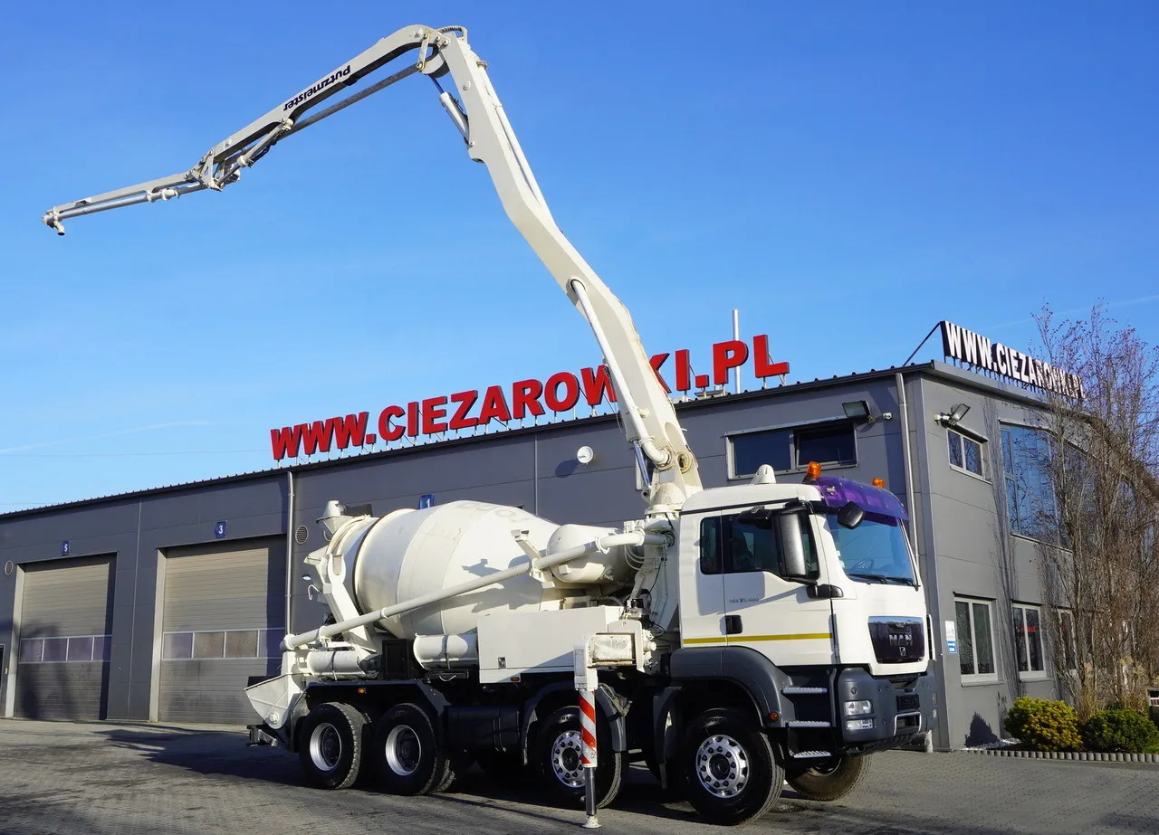 Biały gruszka betonu z wysięgnikiem przed budynkiem z napisem WWW.CIEZAROWKI.PL. Zastanawiasz się, ile kosztuje grucha betonu?