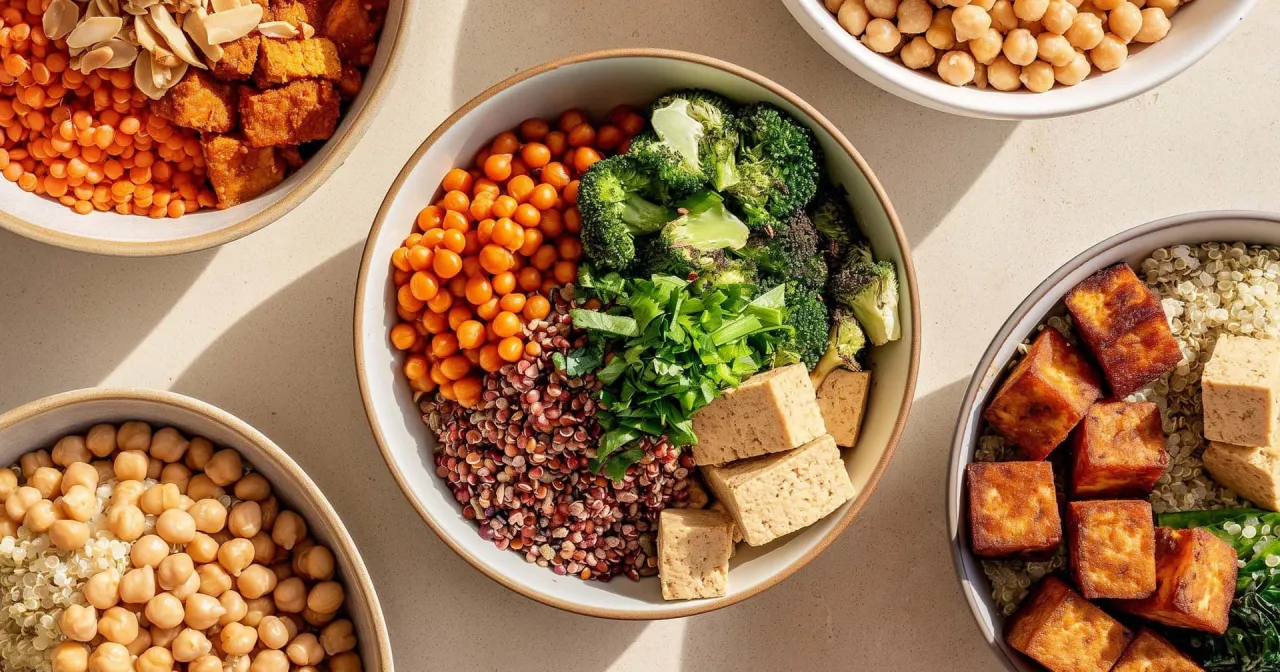 Kolorowe miski pełne zdrowych składników: ciecierzyca, soczewica, brokuły, tofu i komosa ryżowa. Idealne na dieta roślinna na co dzień.