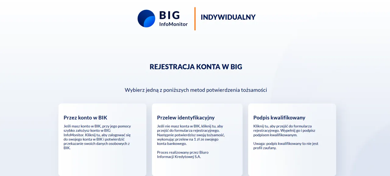 Rejestracja konta w BIG InfoMonitor: wybierz metodę potwierdzenia tożsamości – przez konto w BIK, przelew identyfikacyjny lub podpis kwalifikowany.