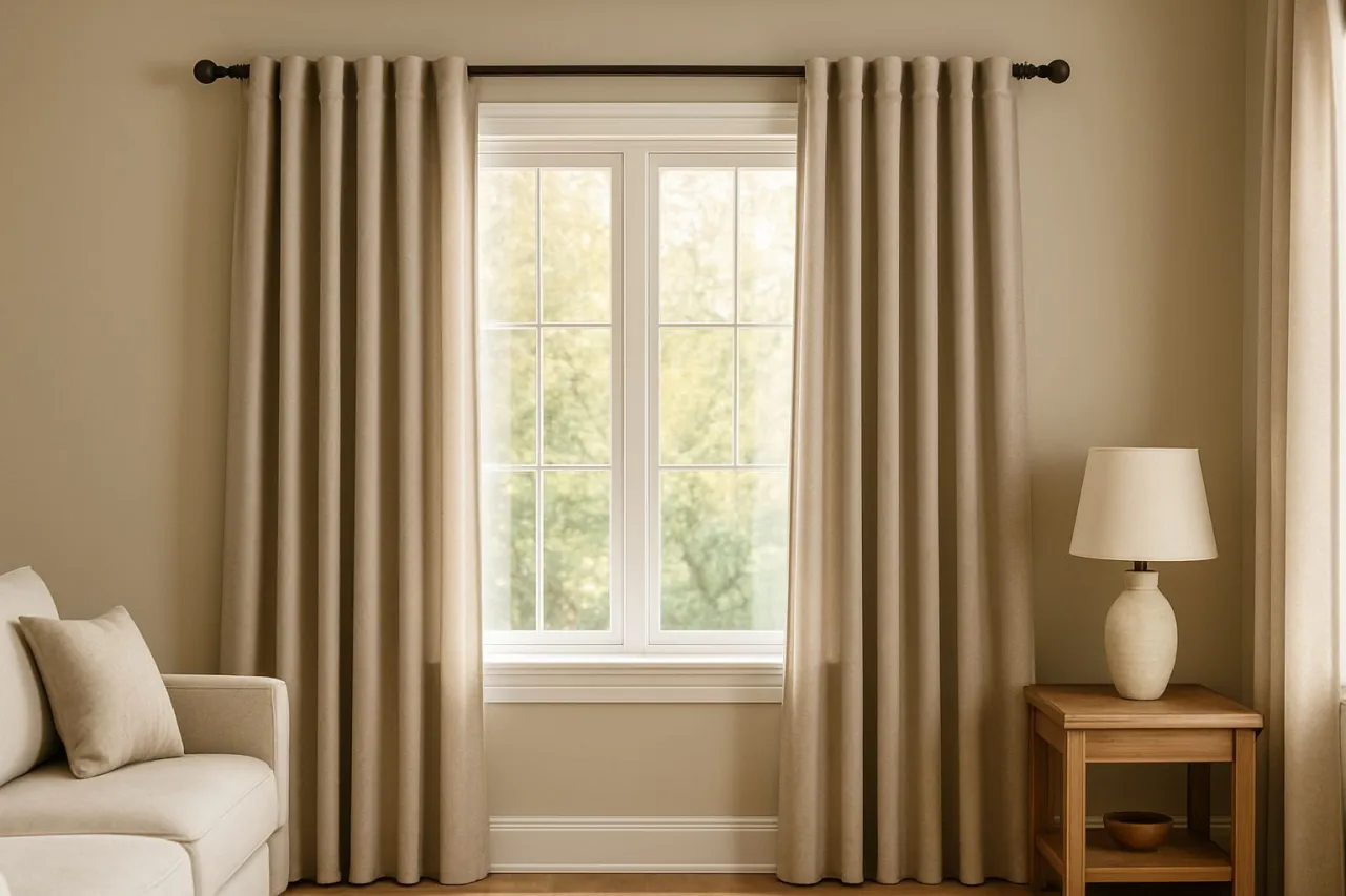 Zastanawiasz się, co warto wiedzieć przed wyborem karnisza do domu? Eleganckie zasłony i okno z widokiem na zieleń.