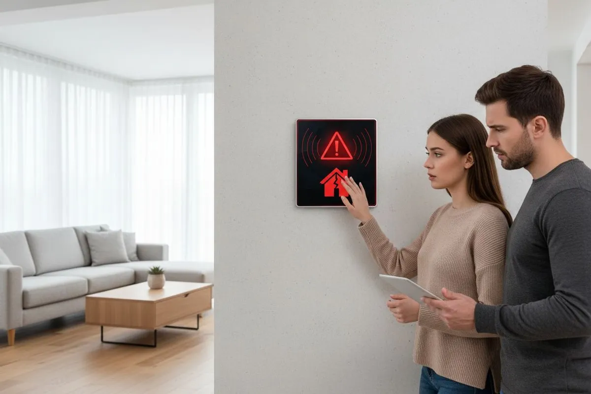 Para wyłącza alarm w domu, dotykając panelu z ikoną domu i wykrzyknikiem.