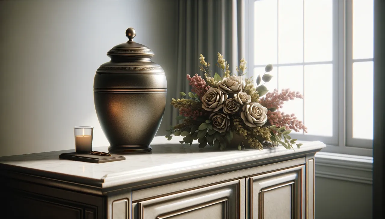 Wnętrze krematorium lub urna z prochami na tle kolumbarium