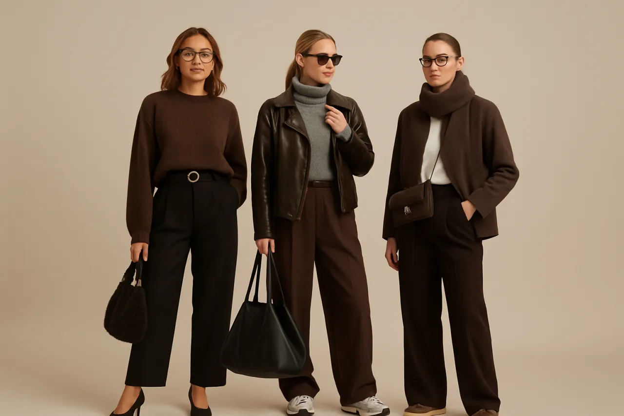 Stylizacje z brązową bluzą i spodniami w r&oacute;żnych kolorach