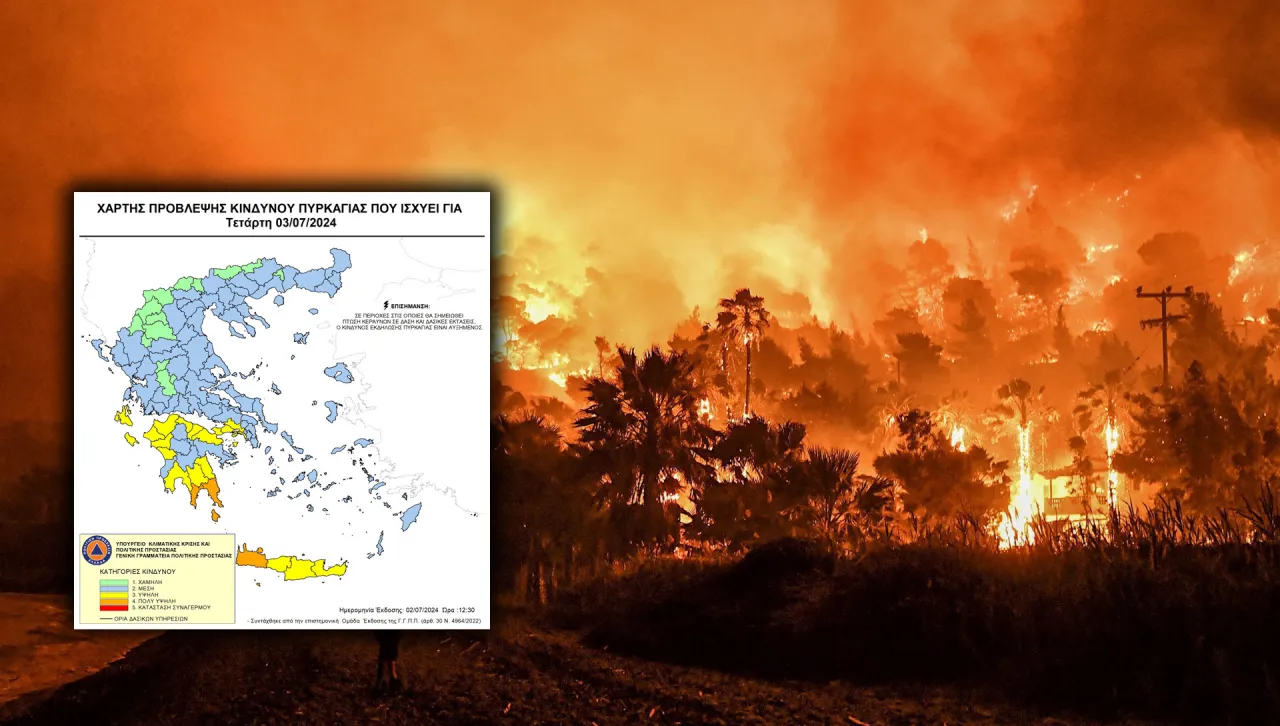 Mapa ryzyka pożar&oacute;w w Grecji. Czy na wyspach greckich jest bezpiecznie? Widać wysokie ryzyko pożar&oacute;w w niekt&oacute;rych regionach.