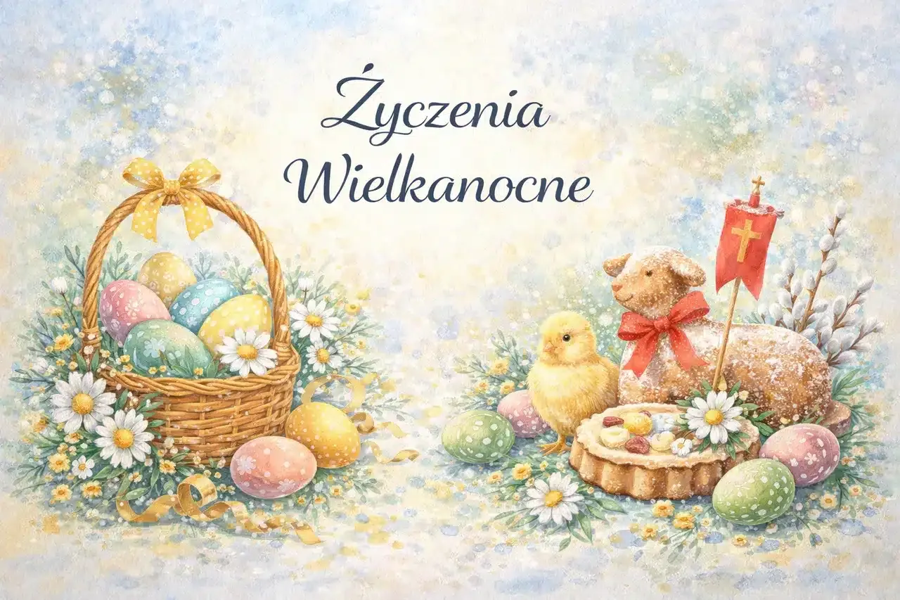 Wesołych Świąt! Uroczy szablon życzenia wielkanocne z koszykiem pisanek, barankiem, kurczaczkiem i babeczką.