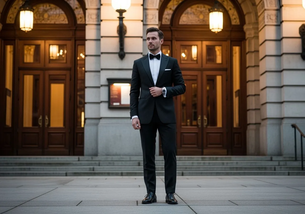 Elegancki mężczyzna w smokingu przed filharmonią. Idealny przykład, jak się ubrać na koncert w filharmonii.