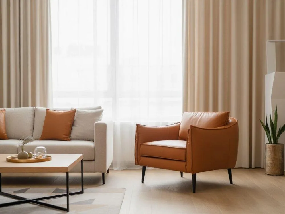 Beżowa kanapa z fotelem w kontrastowym kolorze, nowoczesny salon