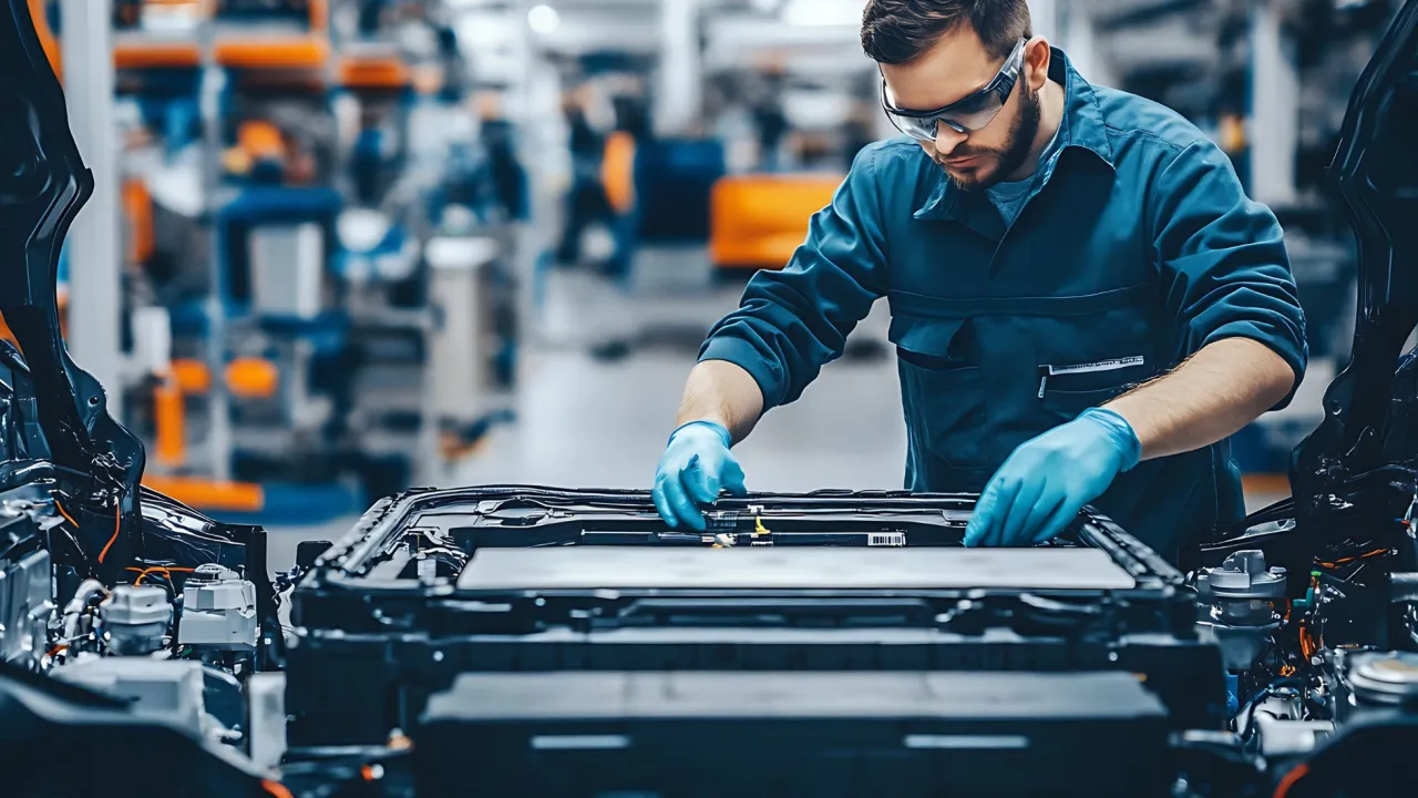 Pracownik w fabryce montuje baterię do samochodu elektrycznego, kluczowy element decydujący, ile wytrzymuje bateria w samochodzie elektrycznym.
