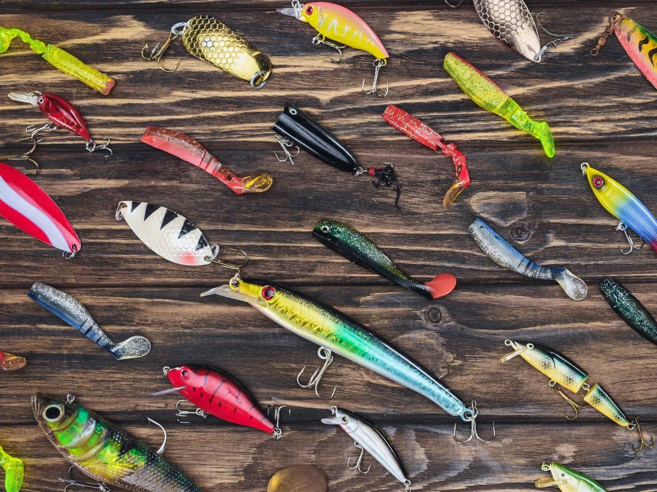 R&oacute;żnorodne przynęty wędkarskie na drewnianym tle. Wyb&oacute;r odpowiedniej przynęty to klucz do sukcesu, na co najlepiej łowić ryby?