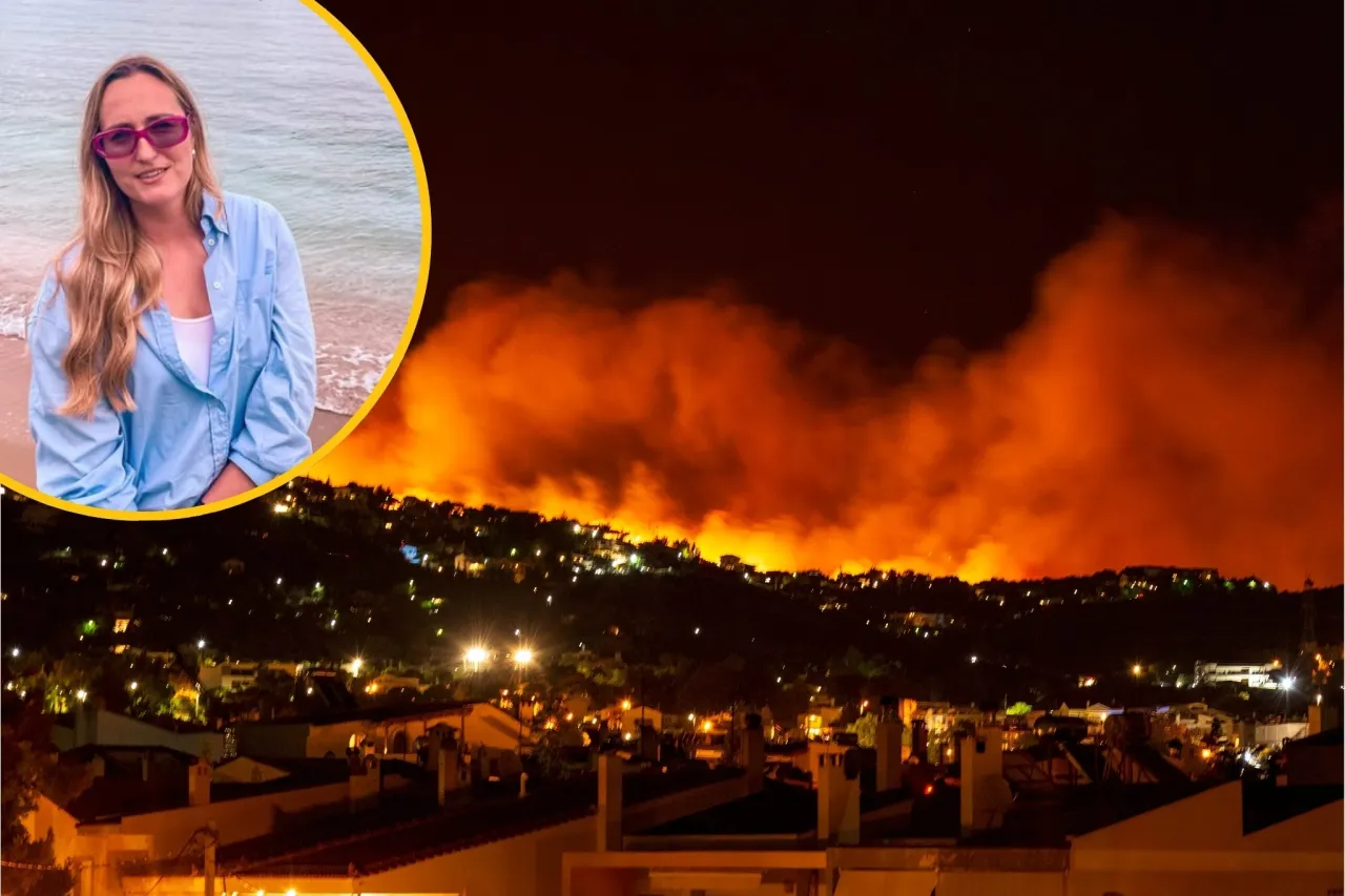 Kobieta na plaży z widokiem na nocne pożary na zboczu góry. Czy na Krecie jest bezpiecznie?
