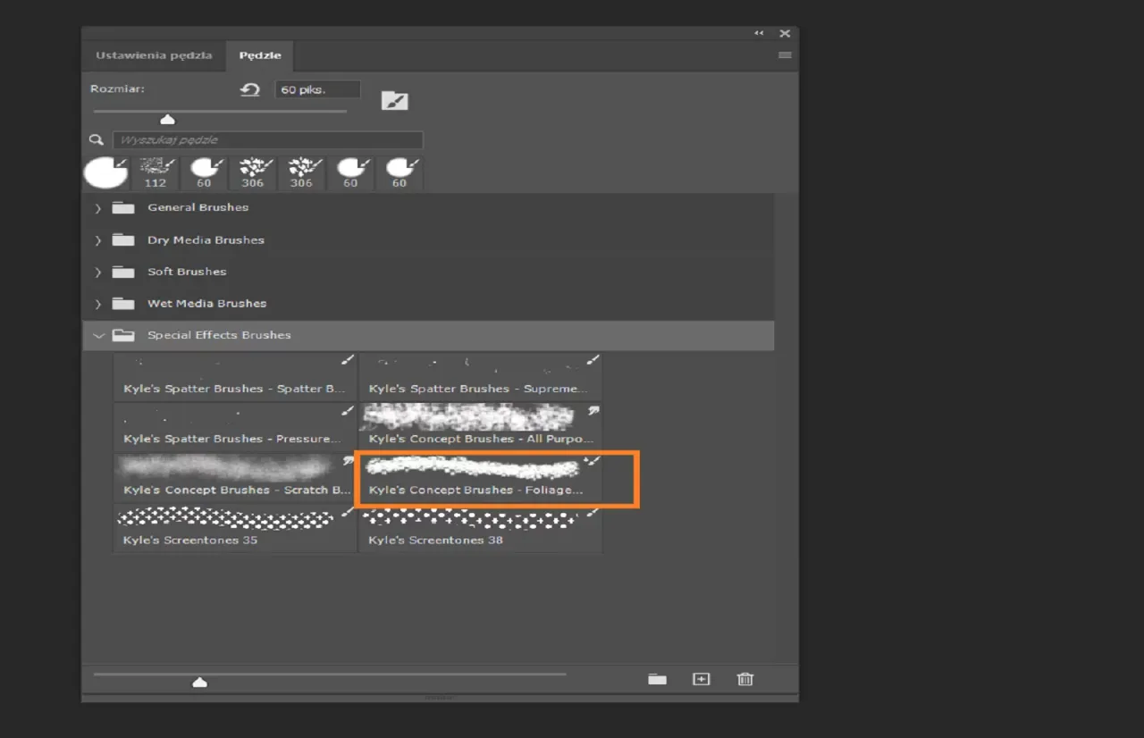 Panel Pędzle w Photoshopie pokazuje, jak dodać pędzle do programu. Widoczne są r&oacute;żne kategorie, w tym 