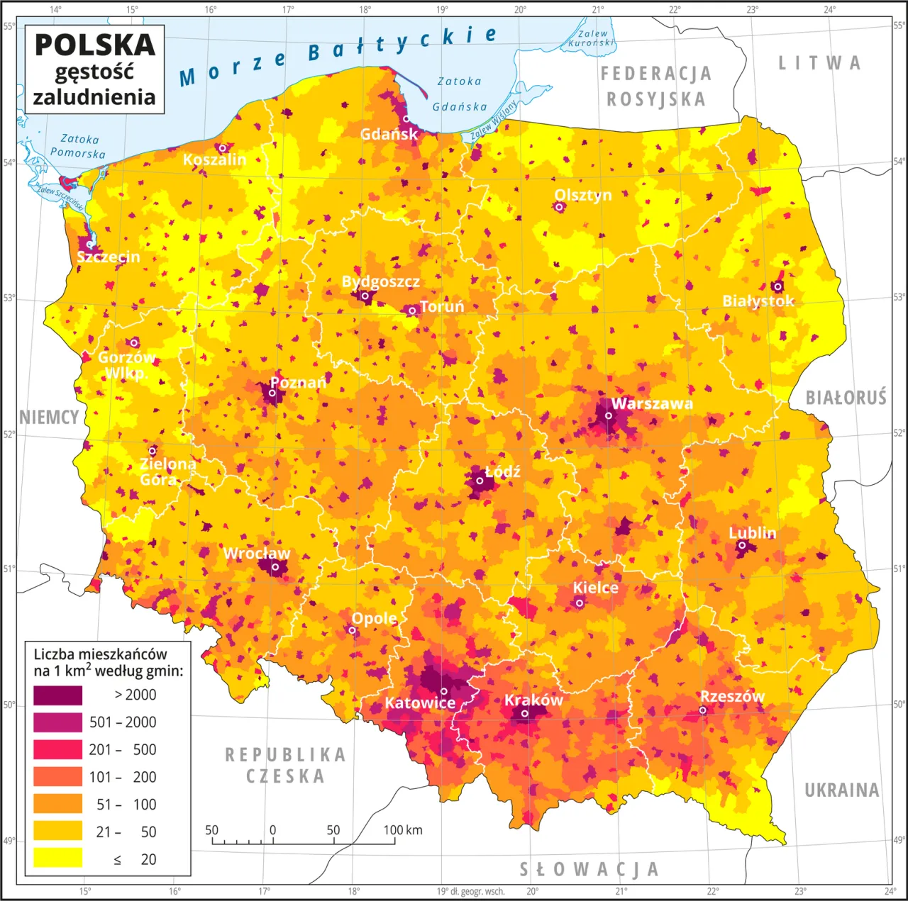 Mapa Polski z zaznaczonym Radomiem i danymi demograficznymi