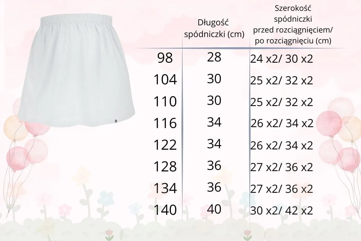 Tabela rozmiarów spódnic dla dziewczynek