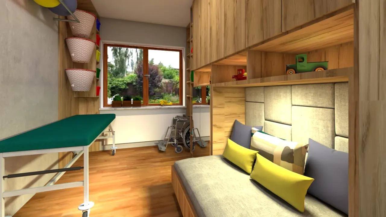 Wnętrze pokoju w domu opieki z łóżkiem rehabilitacyjnym