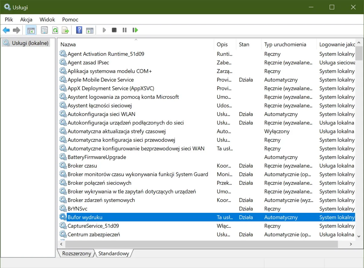 Windows usługi systemowe bufor wydruku