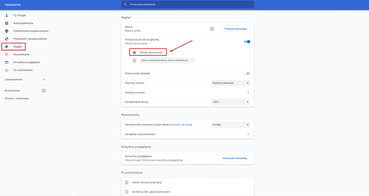 Ustawienia przeglądarki Chrome. Wybierz 