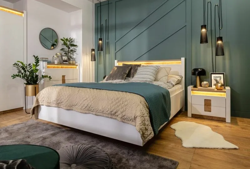 nowoczesna sypialnia kolory ziemi zielenie